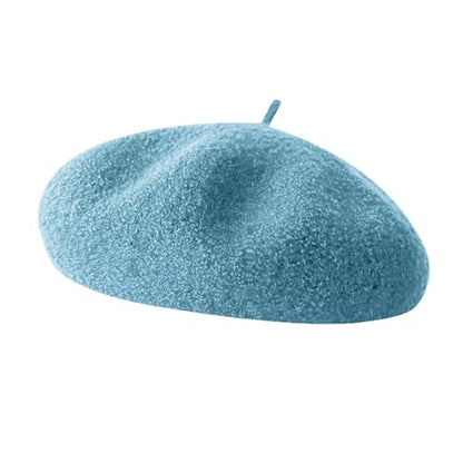 French Beret Hats for Women - Soft Warm Wool Solid Color Beanie Winter Cap - color: Lake Blue