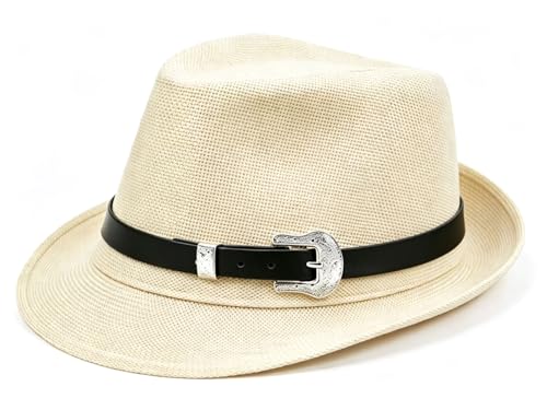 Classic Fedora Hat for Men Women Short Brim Panama Summer Beach Hat Accessories with Belt Buckle - color: Light Yellow, size: Small-Medium