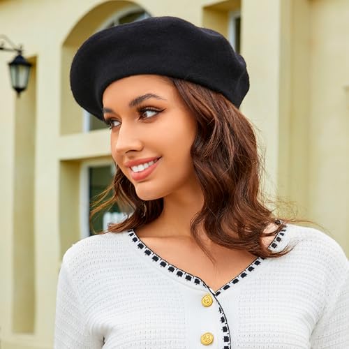 Wheebo Wool Beret Hat,Solid Color French Style Winter Warm Cap for Women Girls Lady - color: Black