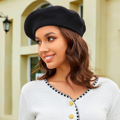 Wheebo Wool Beret Hat,Solid Color French Style Winter Warm Cap for Women Girls Lady - color: Black