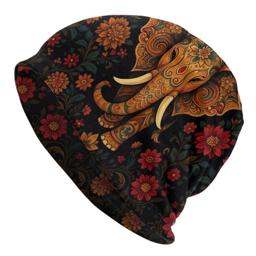 Slouchy Beanies Skull Caps for Women Men, Cool Running Hat Soft Night Caps for Sleeping Chemo Headwear - color: Black Golden Floral Elephant