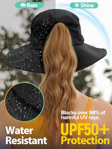 EW East Water Sun Beach Hat for Women, UPF50+ Waterproof with Ponytail Hole - color: Black
