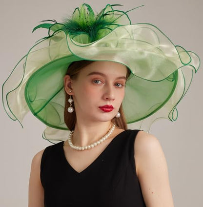 Women Derby Church Hat Organza Flower Wedding Tea Party Fascinator Wide Brim Sun Hat - color: 16-light Green