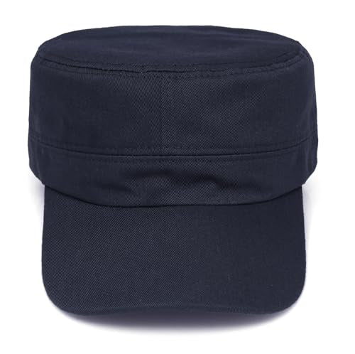 Washed Cotton Flat Top Military Cap for Unisex - color: Navy Blue