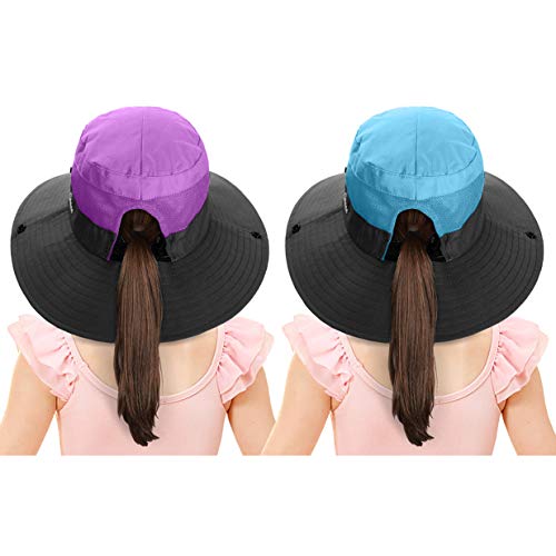 2 Pieces 5-14Y Kids Summer Sun Hat Wide Brim UV Protection for Girls Ponytail Beach Bucket Cap - color: Purple＆sky Blue