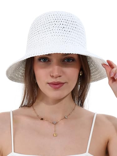 Womens Sun Hat Handmade Crochet Straw Bucket for Summer Foldable Travel Cap - color: White