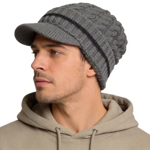 Ruphedy Mens Beanie with Brim Winter Hat Knitted Thick Fleece Visor Beanie - color: B321-grey