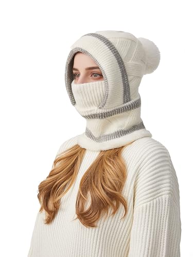 HUAMULAN Women Winter Knit Beanie Hats One Piece Fleece Lined Balaclavas - color: Cream White + Gray Stripe