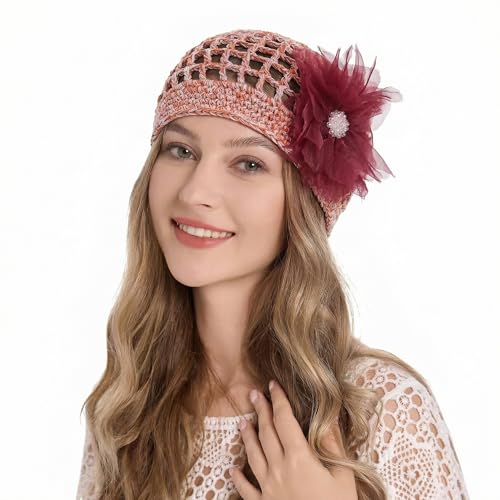ZLYC Women Crochet Beanie Hat Summer Handmade Knit Decorated Skull Cap - color: Floral Orange