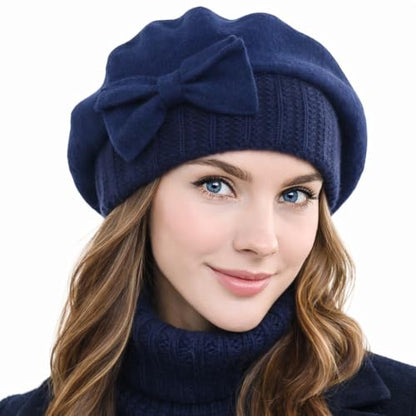 Women Knit 100% Wool Beret Artist Winter French Beret Hats - color: Navy