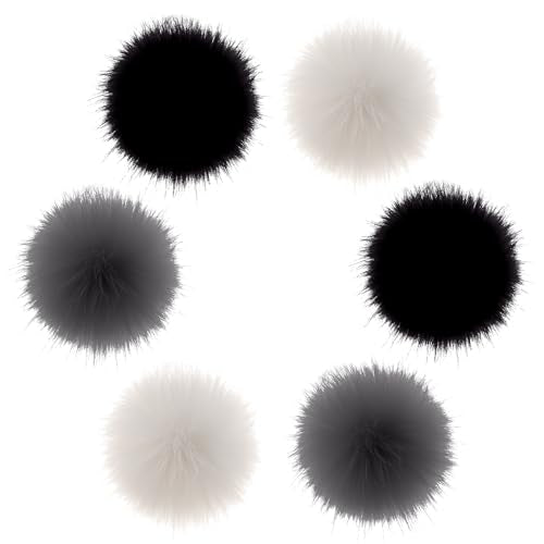 Fzxdfg 6Pieces Faux Furry Pom Pom Ball with Elastic Loop DIY Faux Fur Fluffy Ball for Hats Bags Key Chains Accessories 3.9inch/10CM (Black, White, Gray) - color: Black, white, Gray