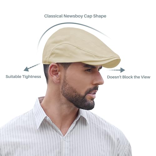 Newsboy Cap for Men 100% Cotton Mens Flat Hats Newsies Hat Classic Irish Gatsby Ivy Cabbie Golf Hats - color: Khaki, size: Medium-Large