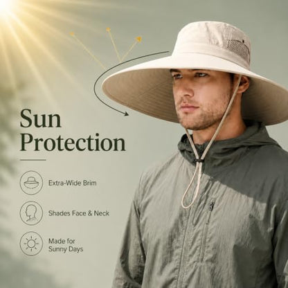 Wide Brim Sun Hat for Men Women UV Protection Bucket Fishing Hats - color: Beige Solid