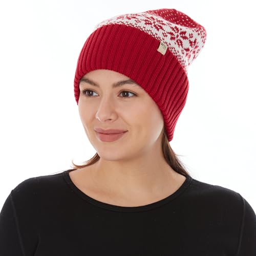 100% Merino Wool - Midweight Everyday Knit Cuff Beanie - Warm Winter Hat - color: True Red Natrual Cream Snowflake