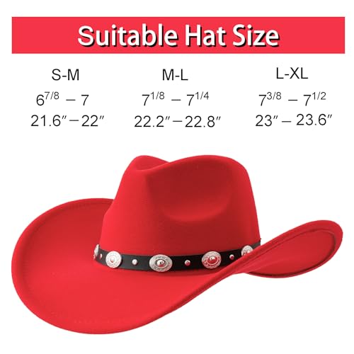 Lanzom Women Men Felt Wide Brim Western Cowboy Hats Belt Buckle Panama Hat - color: Red, size: Large-X-Large