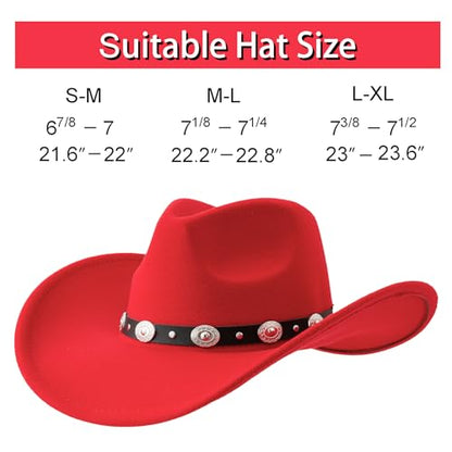Lanzom Women Men Felt Wide Brim Western Cowboy Hats Belt Buckle Panama Hat - color: Red, size: Large-X-Large