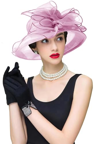 Women's Kentucky Derby Church Dress Hat Wide Brim Leaf Flower Bridal Shower Hat - color: S4-pink,purple