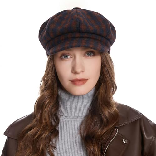 ZLYC Women Classic Newsboy Cap Visor 8 Panel Gatsby Cabbie Paperboy Hat - color: Gingham Burgundy and Navy