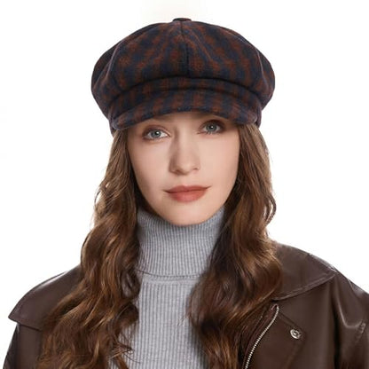 ZLYC Women Classic Newsboy Cap Visor 8 Panel Gatsby Cabbie Paperboy Hat - color: Gingham Burgundy and Navy