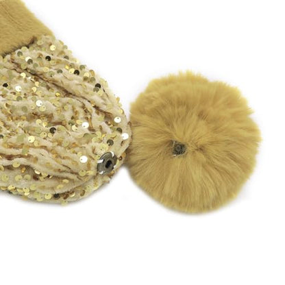 Women Sparkly Sequins Knitted Beanie Hat Warm Winter Skull Cap with Faux Fur Pom Pom - color: Light Gold