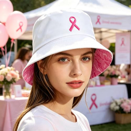 Summer Reversible Bucket Hat - Packable Cute Pineapple Sun Hat for Beach, Golf, Fishing, Travel, Outdoor for Women Men - color: Breast Cancer