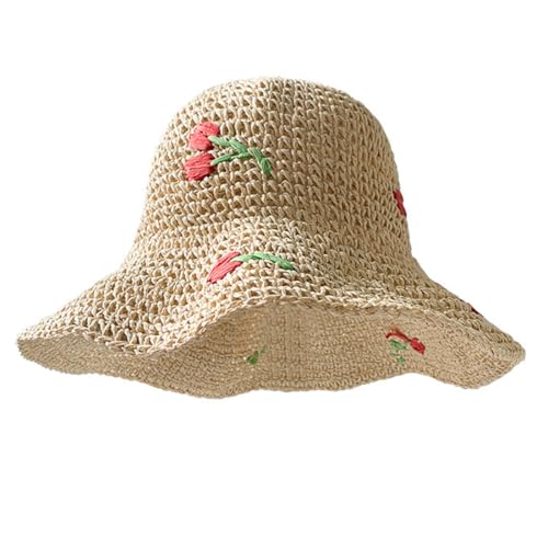 Women Floppy Straw Sun Hat Wide Brim Floral Beach Hat Packable Roll up Bucket Cap UPF 50+ - color: Cherry Beige