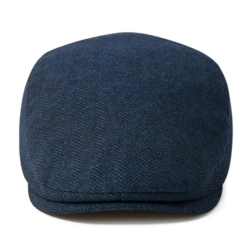 FEINION Men Wool Blend Flat Cap Tweed Newsboy Ivy Hat - color: Herringbone Navy