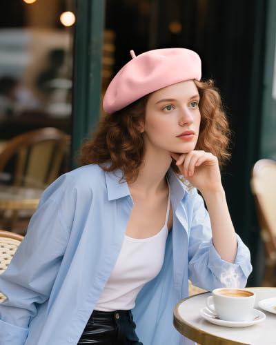 French Beret Hats for Women - Wool Solid Color Beanie Cap - color: Pink