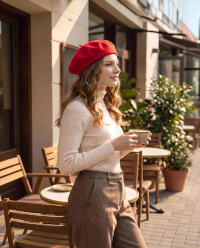 French Beret Hats for Women Men - Classic Wool Beanie Winter Cap - color: Red