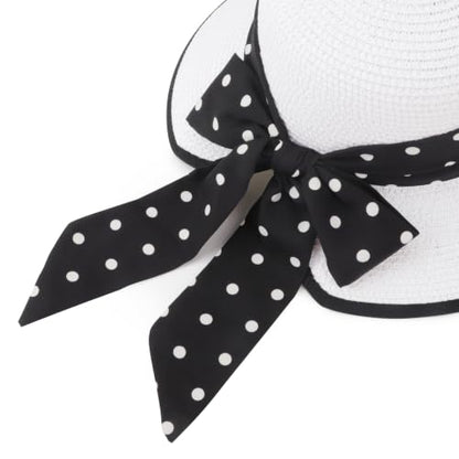 DRESHOW Sun Hats for Women Travel Fedora Foldable Beach Sun Hat Summer Wide Brim Straw Bucket Hat with Bowknot UPF 50+ - color: 1 Pack Bowknot Straw Hat: White (Black Polka Dot Band)