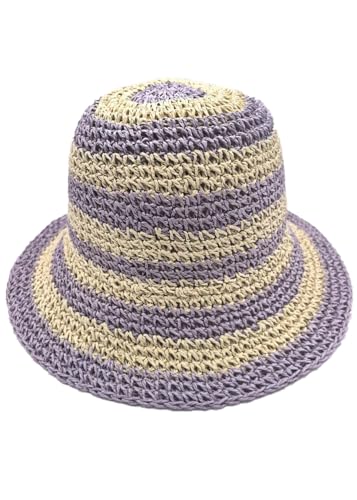 Woven Straw Hat for Women Foldable Summer Beach Hat Wide Brim Floppy Bucket Hat - color: Purple/Beige