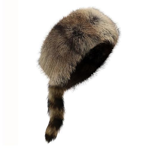 Raccoon Tail Parent-Child Plush Hat Warm Faux Fur Animal Hat with Tail - color: Deep Brown Without Pompoms