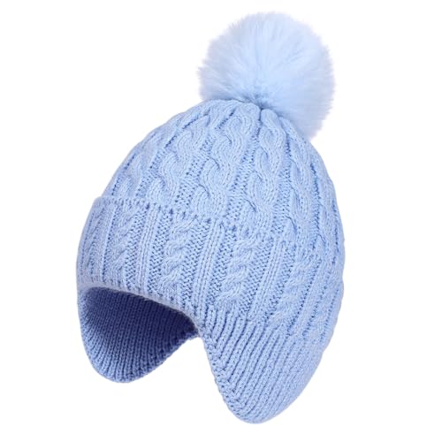 MEJORMEN Toddler Baby Winter Hat with Earflap Kids Warm Twisted Knit Beanie with Pom Pom Kids Ski Hat for Infant Girls Boys - color: Blue, size: 6-24 Months