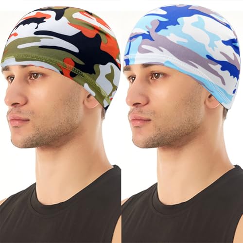 4 Pieces Skull Caps Running Cycling Beanie Hats Breathable Helmet Liner Sleep Hats for Men Women - color: F: Camo Blue+camo Orange+black+blue