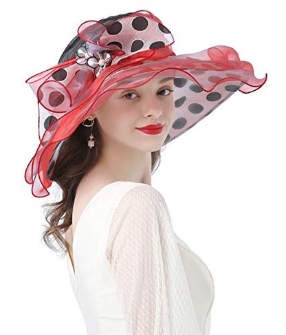 Z&X Organza Church Fascinator Wedding Tea Party Derby Hats for Women Flower Wide Brim Sun Hats - color: 05a Red