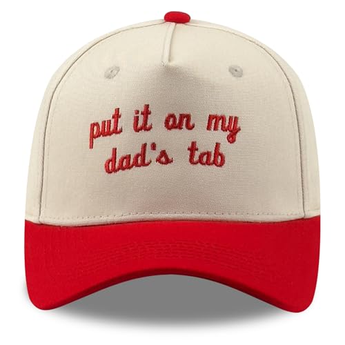 Funny Embroidered Trucker Hat, Vintage Two-Tone Cotton Baseball Cap for Men Women, Adjustable Dad Hat Gift Idea - color: Put It on My Dad's Tab, Red/Beige