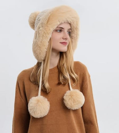 HUAMULAN Women Winter Sherpa Knit Beanie Hats Fleece Lined Ear Flaps - color: Beige Solid