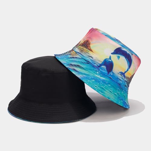 Quanhaigou Bucket Hat for Men Women,Packable Reversible Printed Sun Hats,Fisherman Outdoor Summer Travel Hiking Beach Caps - color: Dolphin Ocean