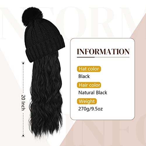 Flufymooz Beanie Wig, Hat Hair Extension Long Wavy Curly Black Hat Wig with Faux Fur Pom, Attached 20 Inch Synthetic Hairpiece for Women Girls Winter (Natural Black) - color: Black Hat-natural Black, size: 20 Inch