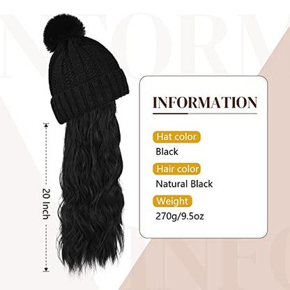 Flufymooz Beanie Wig, Hat Hair Extension Long Wavy Curly Black Hat Wig with Faux Fur Pom, Attached 20 Inch Synthetic Hairpiece for Women Girls Winter (Natural Black) - color: Black Hat-natural Black, size: 20 Inch