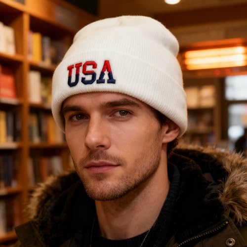 American Flag Beanie, USA Embroidered Winter Hat for Women Men - color: Usa-white