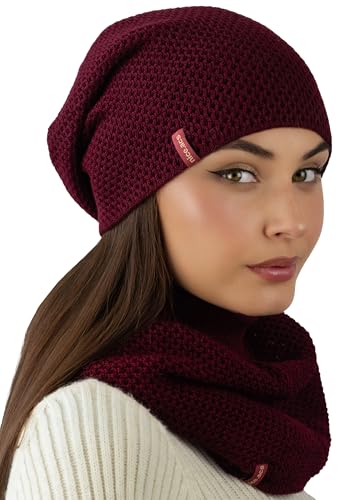 Hat and Scarf Set for Women – Knit Winter Beanie Fleece Lined Neck Warmer – Wool Double Layer Cap - color: Burgundy