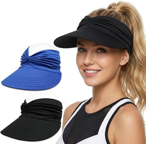 2 Pack Sun Visor Hat Wide Brim Womens Beach Hats Foldable Golf Women Visors - color: Black, Blue