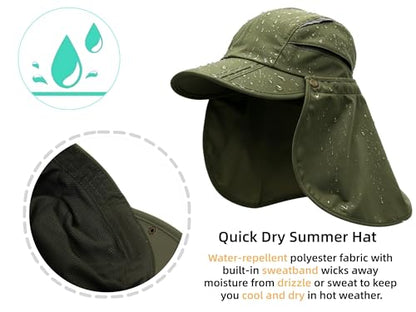 Men Women Safari Fishing Sun Cap with Removable Neck Flap UPF 50+ UV Protection Quick Dry Breathable Hats - color: Amry Green