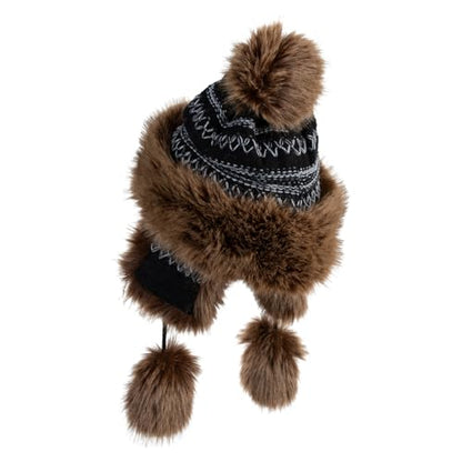 Cross Stitch Knit Fleece Lined Faux Fur Trapper Beanie Hat with String - color: Black