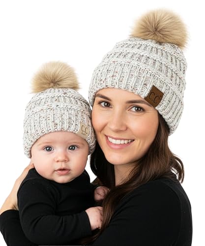 Funky Junque Mommy & Me Pom Pom Beanies Set – Infant Baby & Mom Matching Winter Outfits, Warm Newborn & Women's Beanie Hats - color: Confetti - Ivory (Faux Fur Pom)
