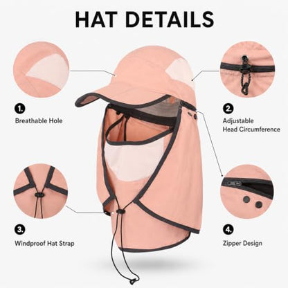 HUAMULAN Women Wide Brim Sun Hat Ponytail UV Protection Visor Fishing Cap - color: Pink With Foldable Visor