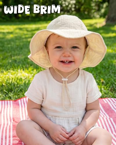 HONGTEYA Baby Sun Hat Muslin Wide Brim Toddler Girl Beach Bucket Hat - color: Pink/Beige, size: 0-6 Months