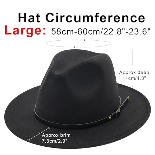 DRESHOW Women Classic Felt Fedora Wide Brim Floppy with Belt Buckle Panama Hat - color: 1 Pack: Felt Fedora Black