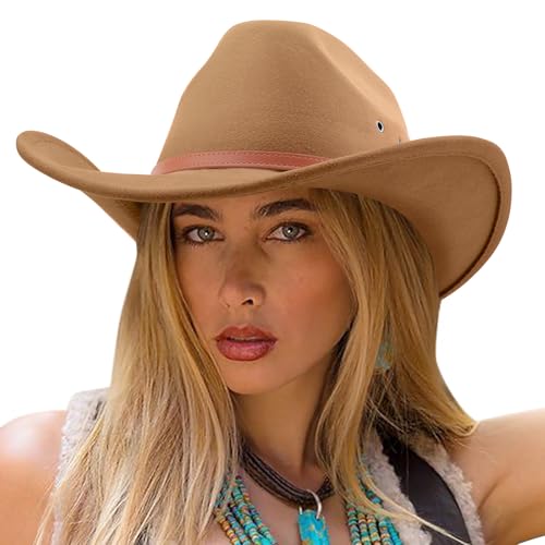 AQOKKA Western Cowboy Hats for Women Classic Felt Wide Brim Fedora Hat with Belt Buckle Retro Panama Hat Unisex Rolled up Cap - color: K-fedora Hat : Camel, size: Medium